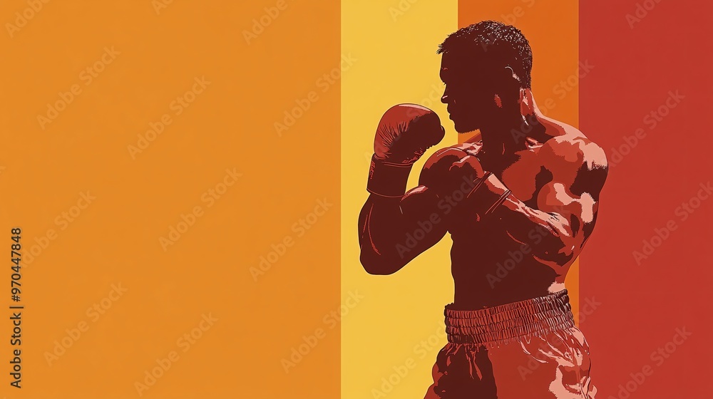 Poster Boxer silhouette delivering a punch with intense motion blur effects representing the strength and power of the moment Large space for text in center Stock photo with copy space