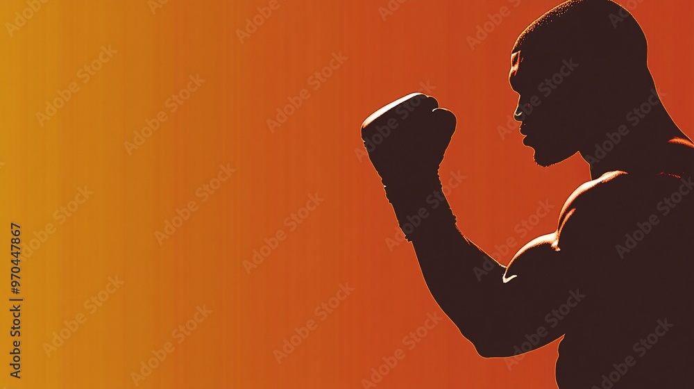 Poster Boxer silhouette delivering a punch with intense motion blur effects representing the strength and power of the moment Large space for text in center Stock photo with copy space