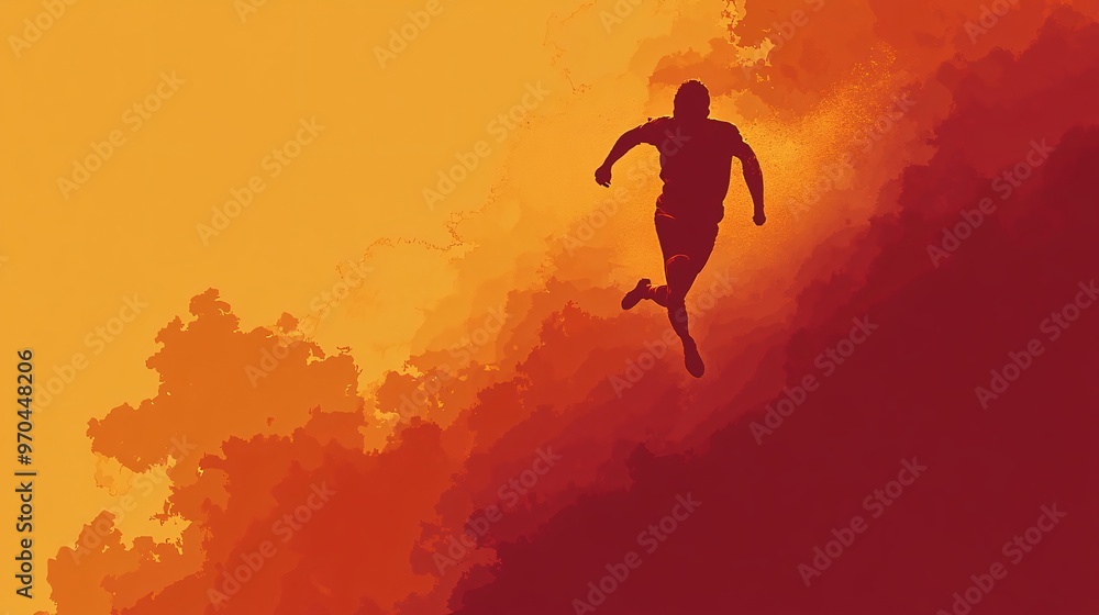 Poster Football goalkeeper silhouette diving to save a shot with explosive motion blur and glowing effects capturing intensity Large space for text in center Stock photo with copy space