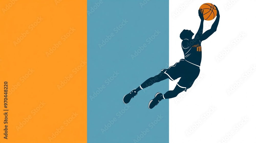 Aufkleber Basketball player silhouette leaping for a dunk with dynamic action lines and a glowing basketball against a gradient background representing strength and agility Large space for text in center Stock