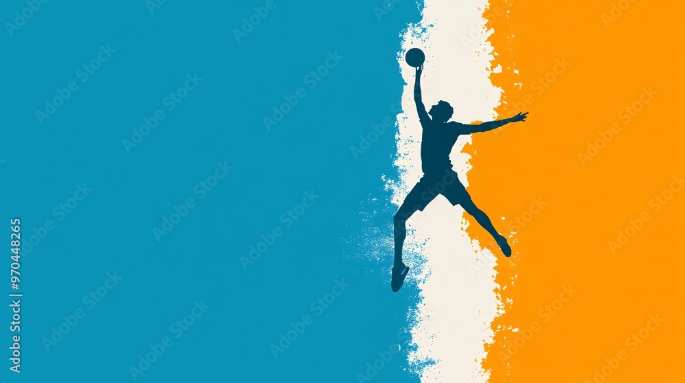Poster Volleyball player silhouette spiking the ball mid-air with powerful motion lines and dust trails symbolizing speed and precision Large space for text in center Stock photo with copy space