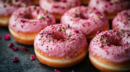 Design a sophisticated donut with light pink rose-flavored icing, and top it with chopped pistachios and edible rose petals for an elegant, fragrant treat