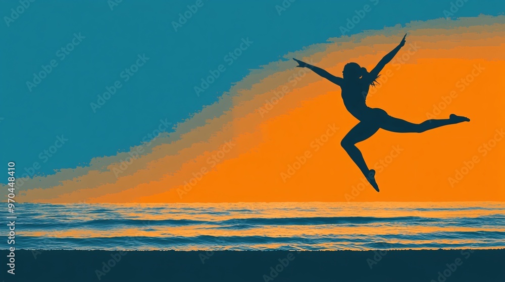 Poster Gymnast silhouette performing a mid-air flip with elegant motion lines capturing grace and strength in a dramatic background Large space for text in center Stock photo with copy space