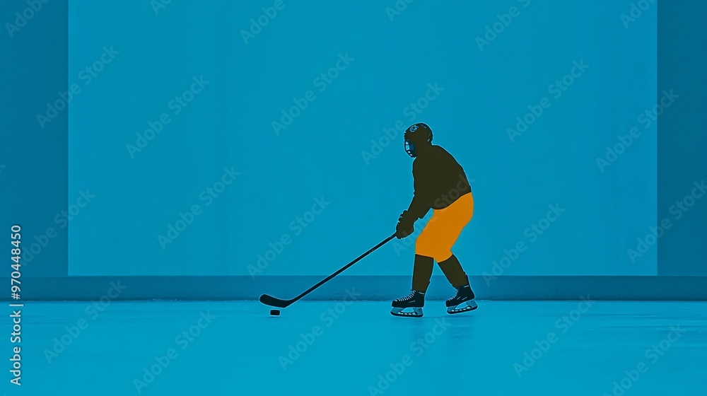 Poster Hockey player silhouette striking the puck with motion lines and ice particles flying off the stick representing speed and power Large space for text in center Stock photo with copy space