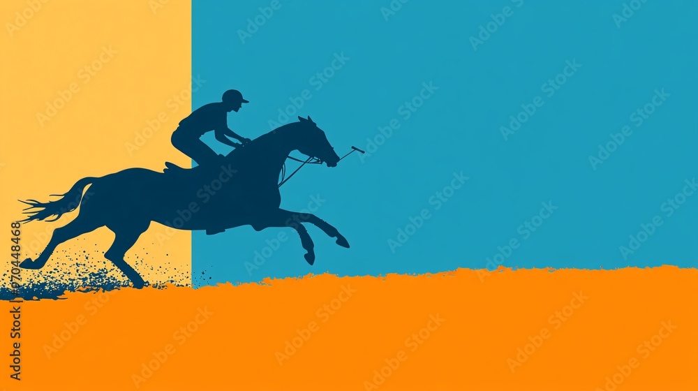 Poster Polo player silhouette riding a horse and swinging a mallet in mid-action with dust trails symbolizing precision and control Large space for text in center Stock photo with copy space