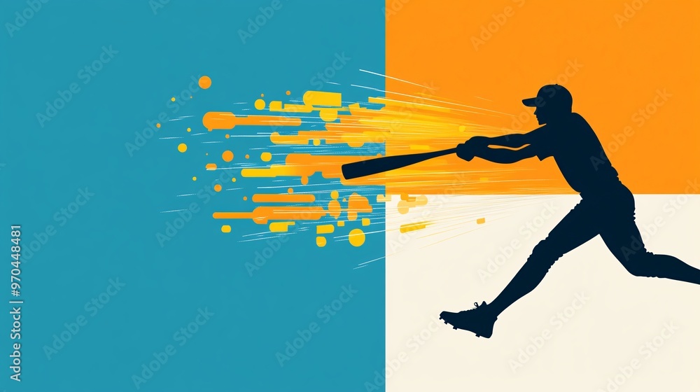 Poster baseball batter silhouette swinging a bat with a trail of motion blur and a glowing baseball flying 
