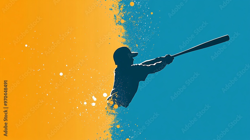 Poster baseball batter silhouette swinging a bat with a trail of motion blur and a glowing baseball flying 