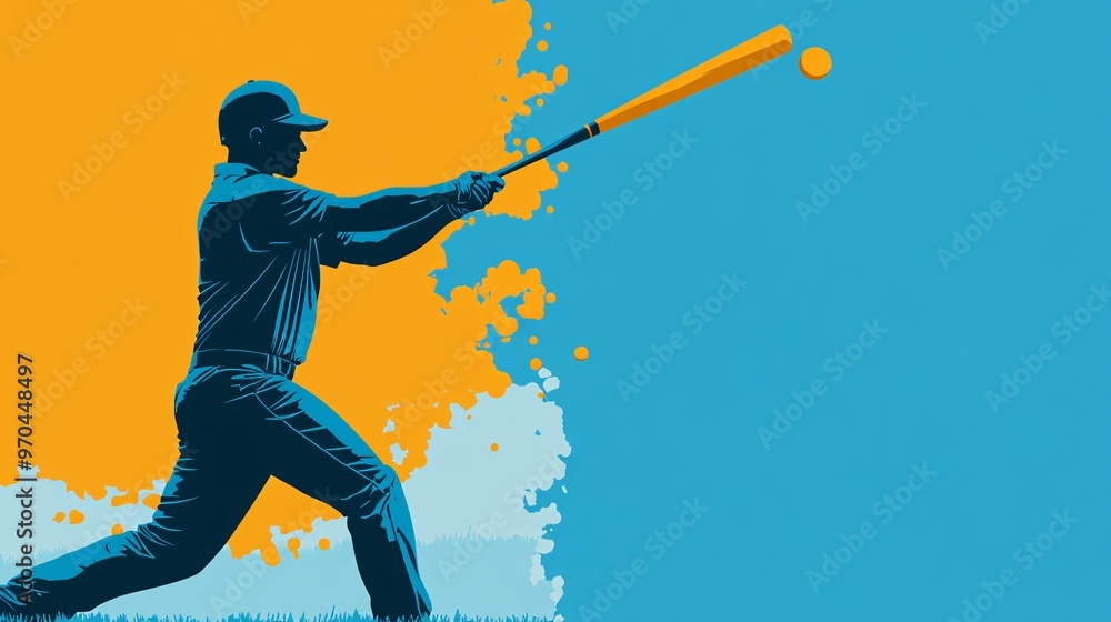 Poster baseball batter silhouette swinging a bat with a trail of motion blur and a glowing baseball flying 