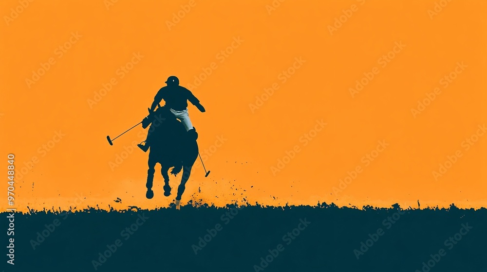 Poster Polo player silhouette charging forward with the horse in motion dust trails following symbolizing power and focus Large space for text in center Stock photo with copy space