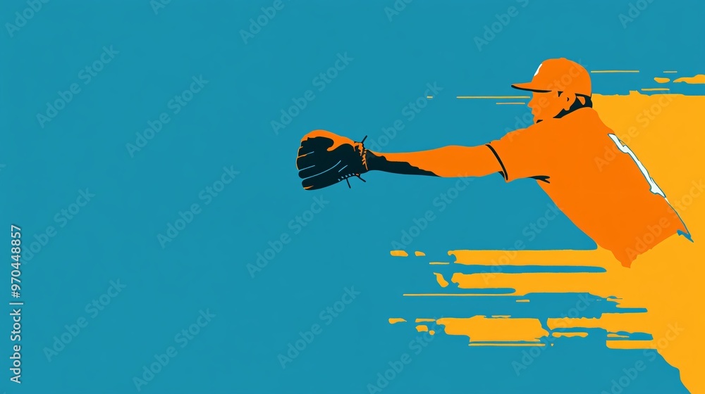 Poster Baseball pitcher silhouette in mid-throw with dynamic motion lines and glowing trails representing speed and accuracy Large space for text in center Stock photo with copy space
