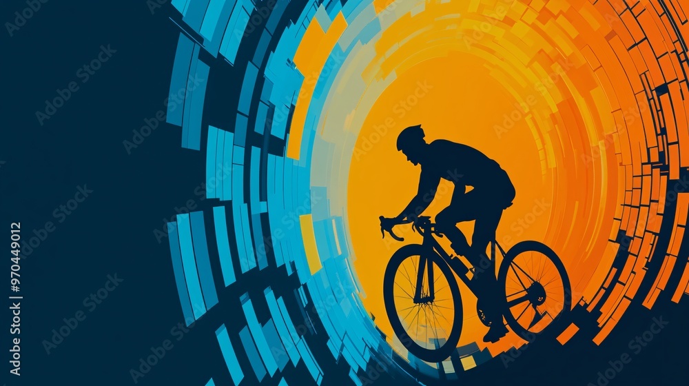 Poster Cyclist silhouette riding uphill with glowing trails and dynamic lines symbolizing endurance and determination Large space for text in center Stock photo with copy space