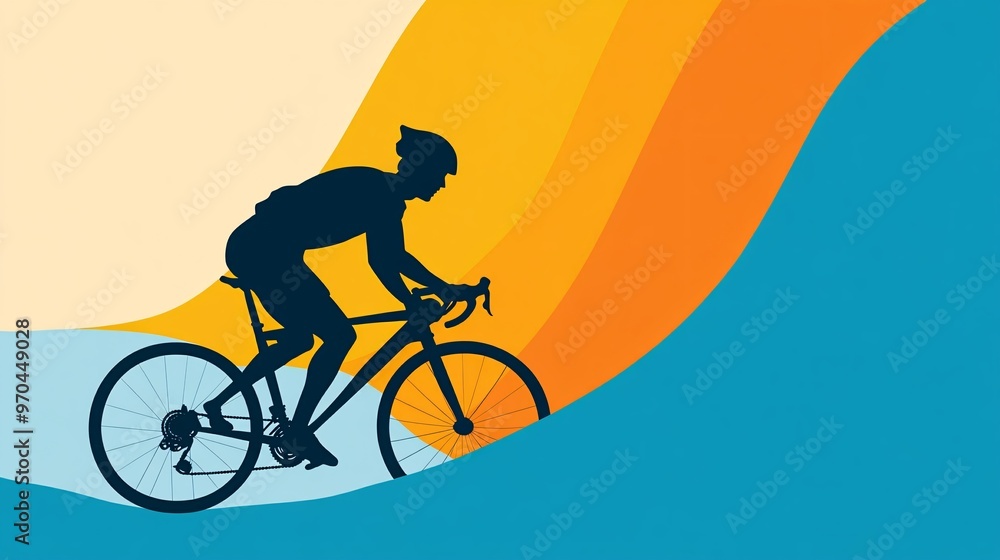 Poster Cyclist silhouette riding uphill with glowing trails and dynamic lines symbolizing endurance and determination Large space for text in center Stock photo with copy space