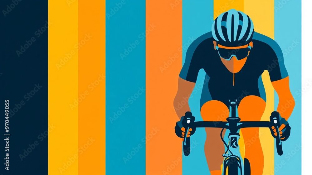 Aufkleber Cyclist silhouette riding uphill with glowing trails and dynamic lines symbolizing endurance and determination Large space for text in center Stock photo with copy space