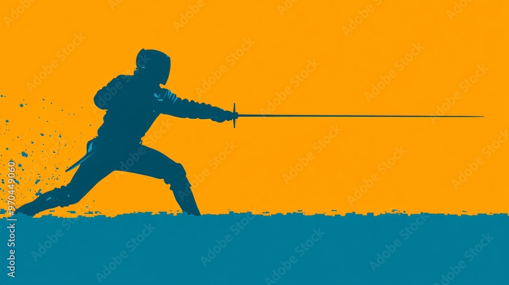 Aufkleber Fencer silhouette blocking an attack with a sword sharp motion lines and glowing sparks symbolizing quick reflexes and defense Large space for text in center Stock photo with copy space