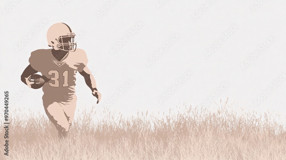 Aufkleber Football player silhouette charging through the field with intense speed lines symbolizing strength and determination Large space for text in center Stock photo with copy space