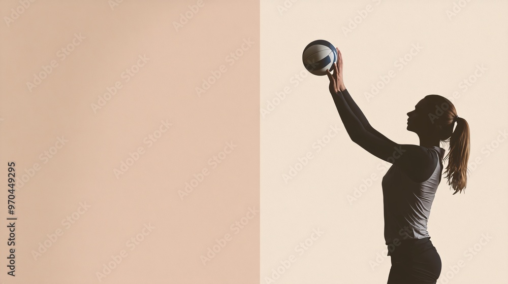 Aufkleber Volleyball player silhouette spiking the ball with sharp motion lines and dust particles representing speed and precision Large space for text in center Stock photo with copy space