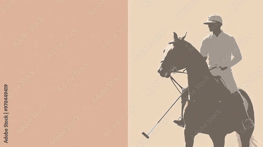 Poster Polo player silhouette swinging the mallet while riding a galloping horse sharp motion lines highlighting strength and control Large space for text in center Stock photo with copy space
