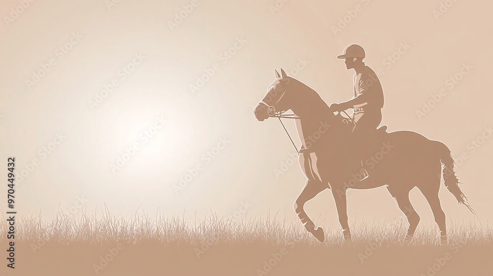 Poster Polo player silhouette swinging the mallet while riding a galloping horse sharp motion lines highlighting strength and control Large space for text in center Stock photo with copy space