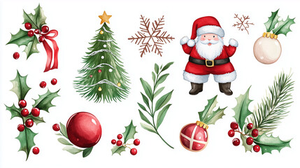 Watercolor vector Santa and Christmas set with fir branches, balls and gifts.