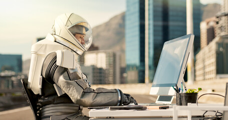 Technology, astronaut and helmet with computer on planet for discovery, research and science...
