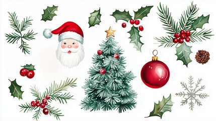 Obraz premium Watercolor vector Santa and Christmas set with fir branches, balls and gifts.