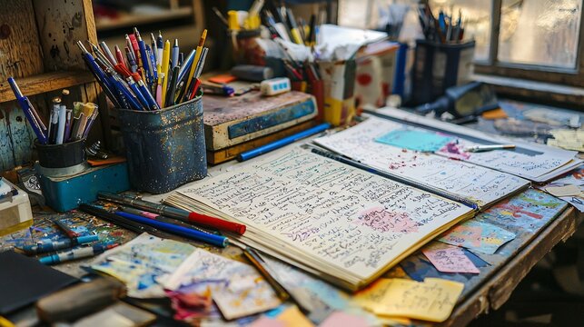 A vibrant desk brimming with ink-stained papers and an array of colorful pens captures the essence of artistic expression in motion.