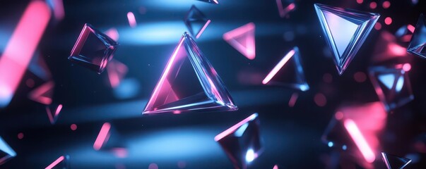 Floating prismatic triangles in a dark space, neon highlights, abstract geometric composition