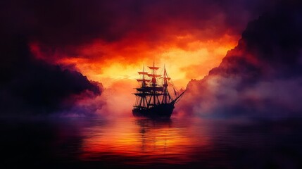 Sailing Ship At Sunset In Foggy Sea With Mountains
