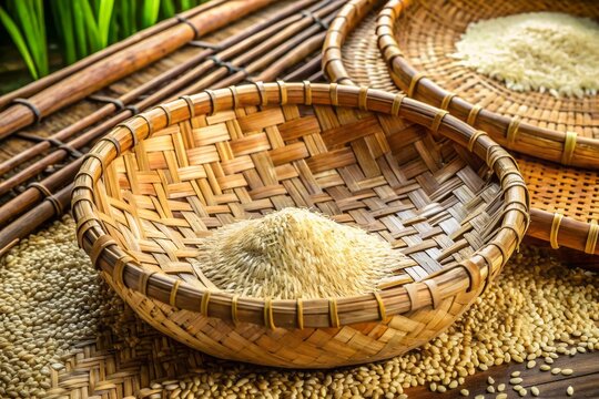 A bilao is a traditional Filipino winnowing basket, crafted from woven bamboo strips, used for laboriously separating rice husks from valuable rice grains.