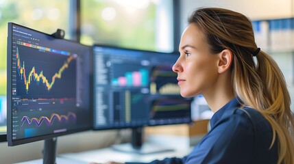 Businesswoman Using Dual Monitors in Her Office, Business Theme, Portrait Shot, Dual Monitors, Office