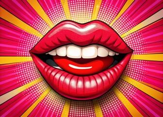 Brightly colored red lips with smile lines, bold outline, and chunky highlights, set against a pop art-inspired pink background