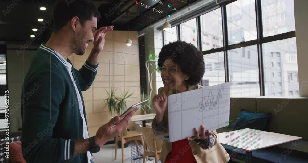 Poster Animation of data processing over diverse colleagues discussing work in office