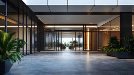 Obraz premium Modern Office Building Entrance with Glass Walls and Greenery