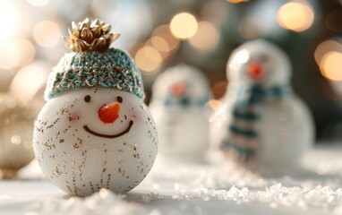 Obraz premium A cheerful snowman figurine adorned with a blue hat, shimmering in a winter wonderland, creating a joyful holiday atmosphere.