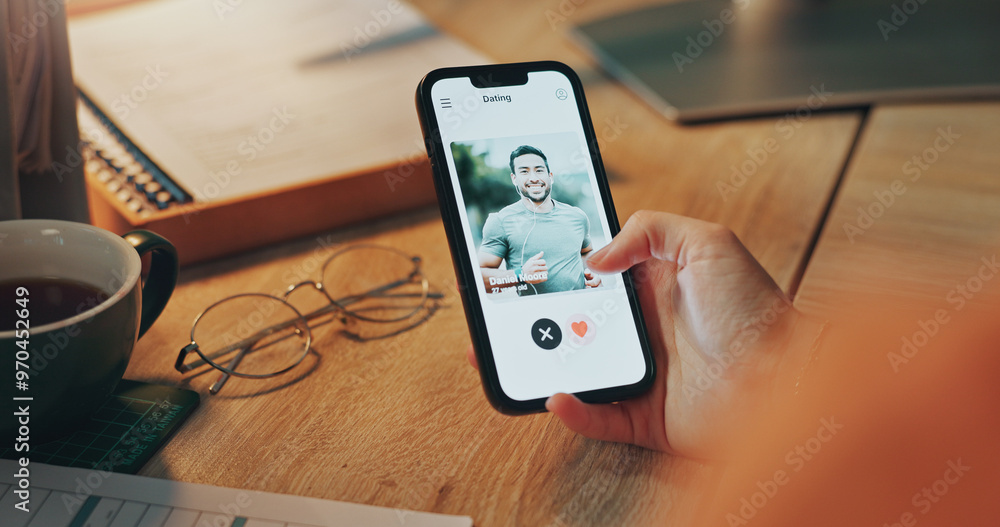 Poster phone screen, hand and person on dating app in house for romance, connection and social networking. 
