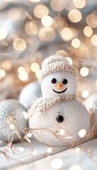 Obraz premium A cheerful snowman surrounded by sparkling ornaments and warm lights, creating a festive winter atmosphere for holiday celebrations.