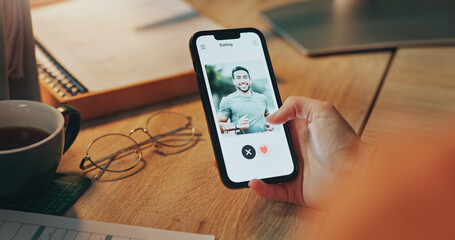 Phone screen, hand and person on dating app in house for romance, connection and social networking....