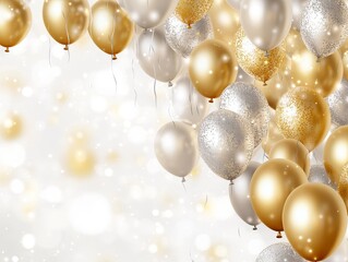 Golden and silver balloons with bokeh background.