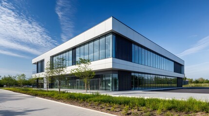 Fototapeta premium Modern White Office Building with Glass Facade and Landscaping