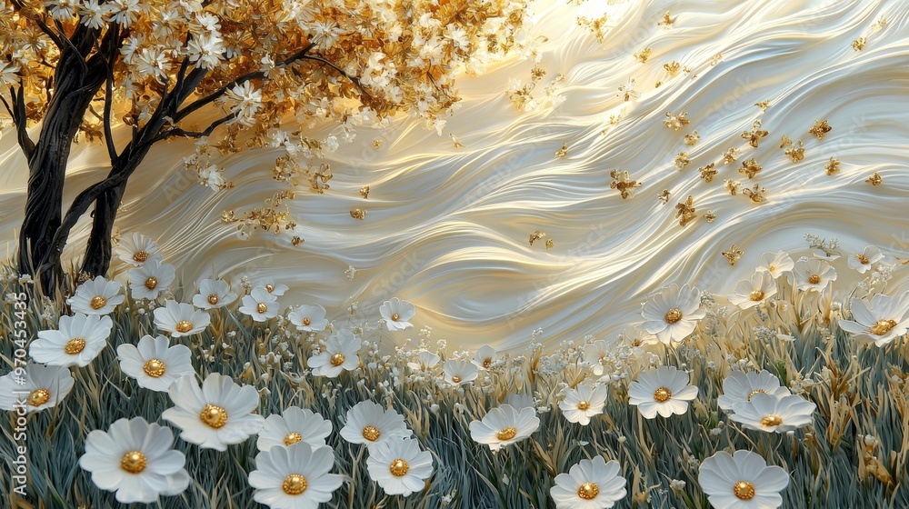 Poster the flowers in a meadow field are generated by the ai in a sunny day. the background is in spring or