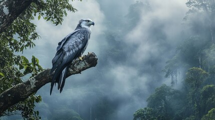 Fototapeta premium Harpy eagle in natural habitat of Amazon rainforest amid dense mist