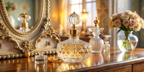 Fototapeta premium A delicate dance of elegance, vintage glass perfume bottles adorn the vanity table, their curves and colors creating a symphony of beauty.