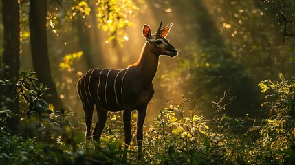 Okapi illuminated by sunlight in dense African jungle