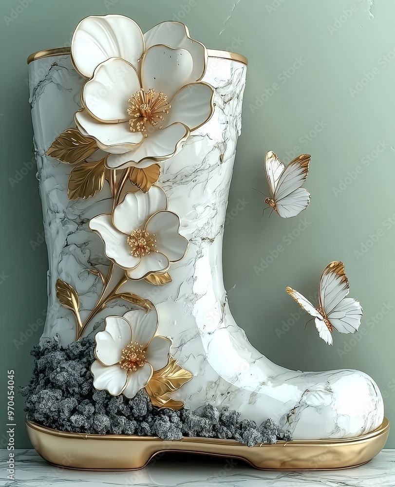 Aufkleber a green rubber boot with colorful spring flowers with butterflies and bees on a mint green backgroun