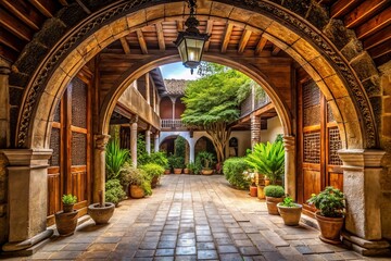 A weathered wooden archway, carved with intricate patterns, stood proudly at the entrance to a tranquil courtyard, beckoning visitors to wander through its calming surroundings.