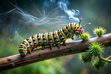 Naklejka premium As the caterpillar lounged on the tree branch, it drew in a lungful of smoke, exhaling a peaceful plume that curled lazy spirals into the air.
