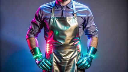 Fototapeta premium Metallic apron with embedded LED strips, molded gloves with retractable tools, and a sleek jumpsuit with segmented plating and programmable color shifting.