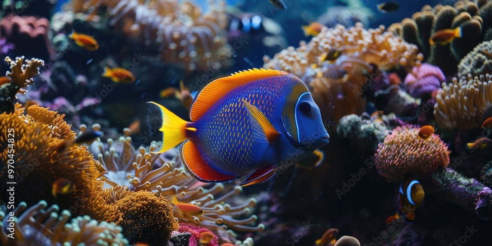 Sticker Queen angelfish swimming amidst vibrant coral reef