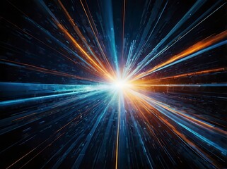 Obraz premium Flashing light burst of blue and orange magnificent light exploded on dark screen, conceptual abstract background of light rays
