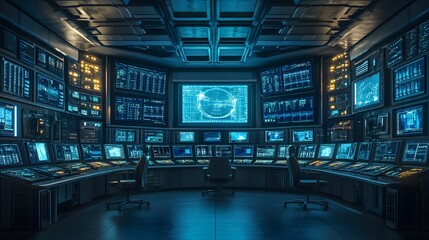 Futuristic Control Room with Numerous Monitors and Blue Lighting